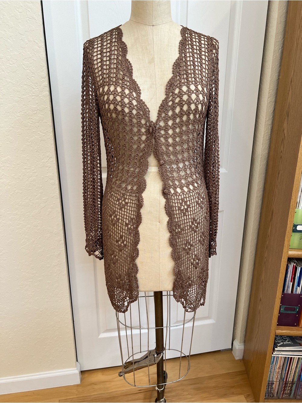 Brown Crochet Open-Front Cardigan Sweater